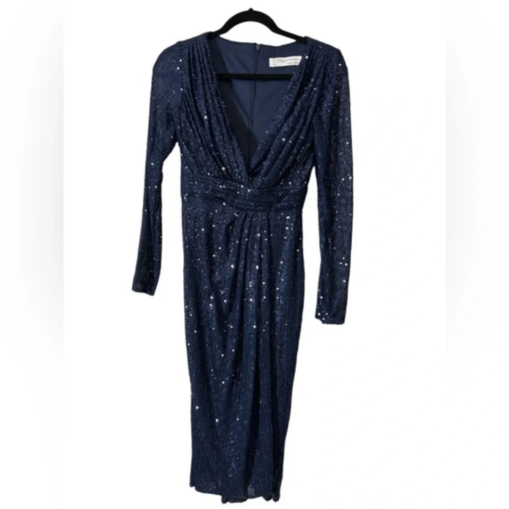 Mac Duggal Sequined long sleeve midi dress prom formal‎ midnight blue size 0